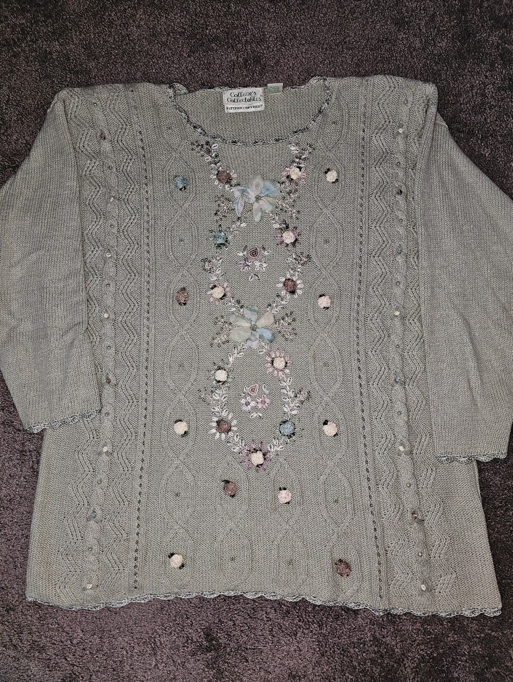 80s Granny Cottage Embroidered 3D Beaded Floral Sweater 3/4 Sleeves Sz L